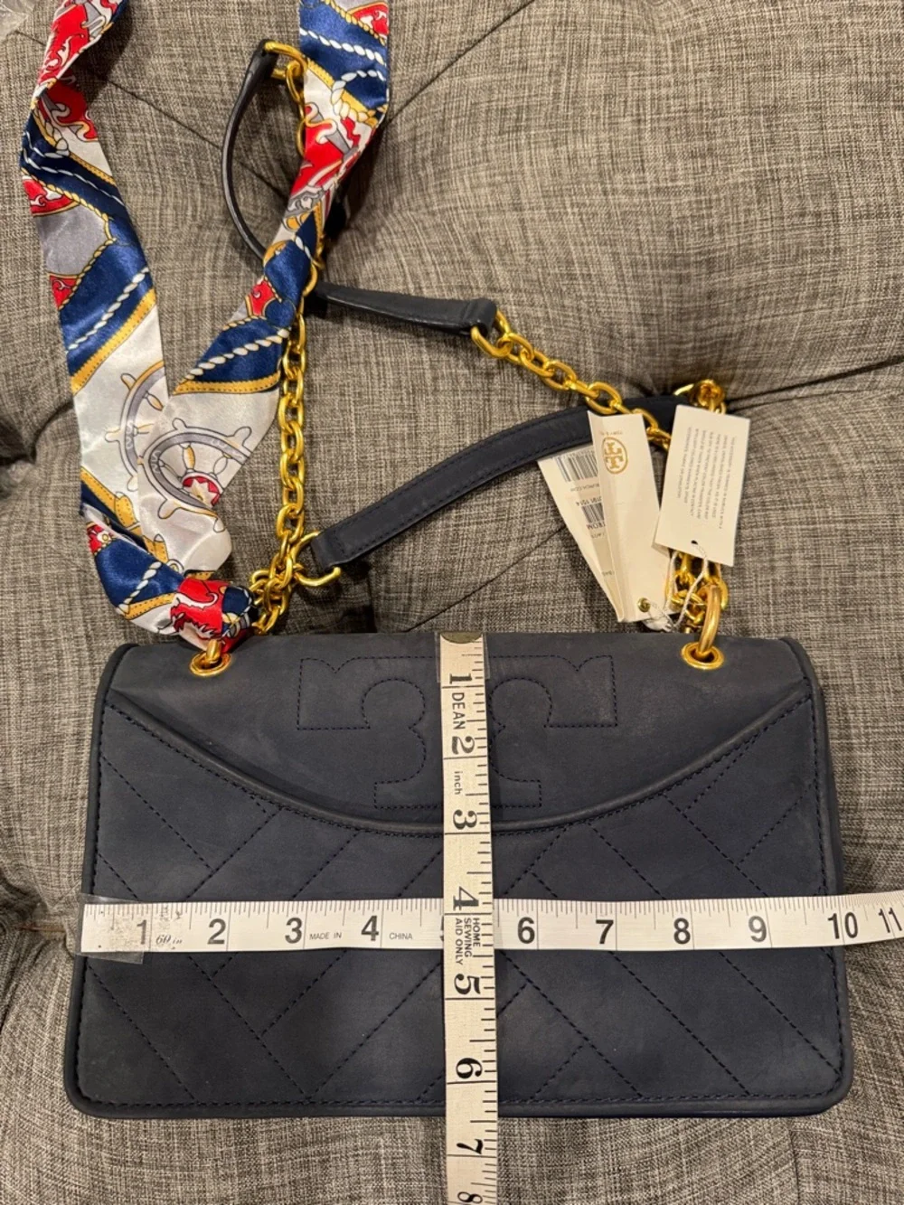 Tory Burch Bag Alexa Convertible Nubuck Suede Dark Navy Chevron Shoulder Bag - Picture 17 of 17